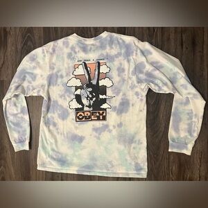Vintage Men’s OBEY Give Peace A Chance Tie-Dye Blue Long Sleeve Shirt- Medium